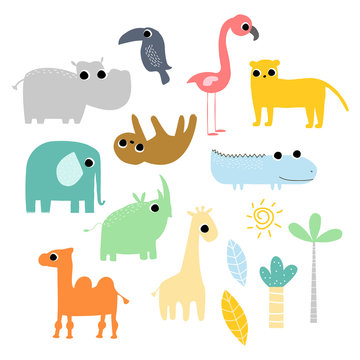 Set of jungle animals and birds with fanny faces. Kids cute graphic. Vector hand drawn illustration.