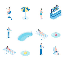 Fototapeta na wymiar Summertime leisure isometric vector illustrations set. Tourists, bartender and waiter 3D cartoon characters. Women lying on chaise lounges, man with cocktails, children swimming, empty pool