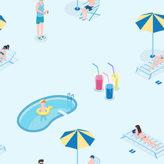 Summer recreation flat vector seamless pattern. Young tourists rest at pool hand drawn texture, vacation season, tourism decorative backdrop. Wrapping paper, wallpaper, textile isometric design