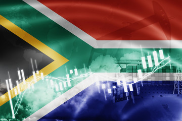 South Africa flag, stock market, exchange economy and Trade, oil production, container ship in export and import business and logistics.