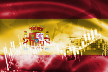 Spain flag, stock market, exchange economy and Trade, oil production, container ship in export and...