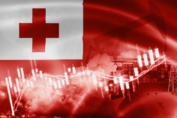 Tonga flag, stock market, exchange economy and Trade, oil production, container ship in export and import business and logistics.