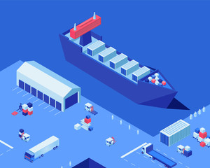 Empty shipping dock isometric vector illustration. Warehouse storage, industrial ship and freight trucks at harbor. Merchandise transportation business, maritime delivery service, cargo distribution