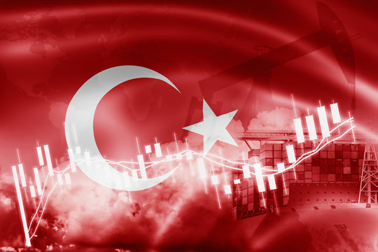 Turkey flag, stock market, exchange economy and Trade, oil production, container ship in export and import business and logistics.
