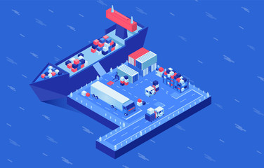 Shipment delivery isometric vector illustration. Industrial vessel loading in seaport, freight ships logistics hub. Cargo shipping service, import and export business, maritime conveyance