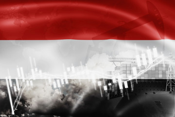 Yemen flag, stock market, exchange economy and Trade, oil production, container ship in export and import business and logistics.
