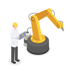 Coder, programmer controlling robotic arm manually. Robotics, cybernetics researcher developing technology isometric vector illustration. Automated, preprogrammed production technology 3d concept