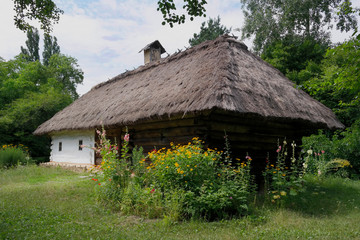 Fototapeta na wymiar Old Ukrainian house. Ukrainian hut of the nineteenth century. Summer landscape, flowers in front of the house, sunlight. Village Pirogovo.