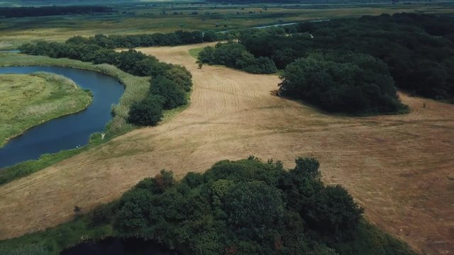 Flight over a kopter on boundless open spaces . Sunny day, green fields and forests