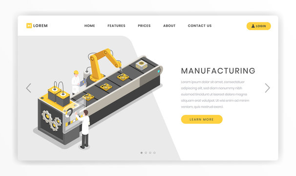 Assembly Line, Factory Landing Page Template. Production, Manufacturing Facility Engineers And Workers Vector Online Webpage Illustration. Conveyor Belt, Autonomous Manufacture Process Website