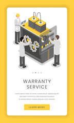 Warranty service, repairment mobile app screen. Software and hardware researchers solving issue with complex technology smartphone website design. Online assembly equipment distribution