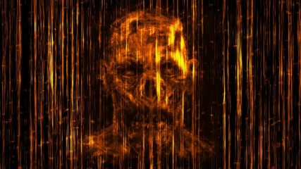 Scary neon skull abstraction from horizontal lines and noise. Orange background color. Vj loop animation in genre of horror. - Powered by Adobe