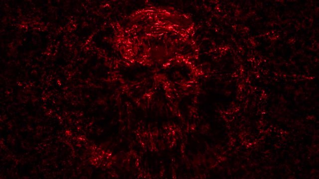 Bloody skull abstraction into small debris. Vj loop animation in genre of horror. Scary character head. Red background color.