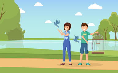 Animal rights activists flat vector illustration. Cartoon volunteers with open birdcage liberating doves flat characters. Children, teenagers playing with domesticated pigeons outdoors