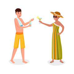 Summer holiday activity flat vector illustration. Happy, smiling tourists, friends on beach vacation isolated cartoon character. Spouse, boyfriend and girlfriend drinking alcohol, cocktails