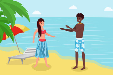 Fototapeta na wymiar Summertime holiday at luxury tropical resort. Cute couple, girlfriend and boyfriend reaxing on seashore cartoon character illustration. Experiencing foreign culture, traditions flat vector concept