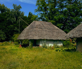 Plakat Old Ukrainian house. Ukrainian hut of the nineteenth century. Summer landscape, flowers in front of the house, sunlight. Village Pirogovo.