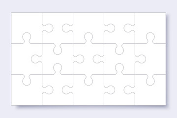 Puzzles grid template. Jigsaw puzzle with pieces, thinking game, jigsaws detail frame for business presentation with shadow. Сoncept of success in solving mosaic. Vector illustration. - obrazy, fototapety, plakaty
