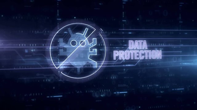 Data protection and virus ban symbol hologram 3d animation. Futuristic concept of antivirus, computer protection and data safety.