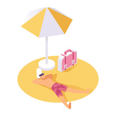 Guy resting on sand isometric vector illustration. Holidaymaker resting during summer holidays, vacation, weekend 3d concept. Summertime resort, trip to tropical island, hot travel agency tour