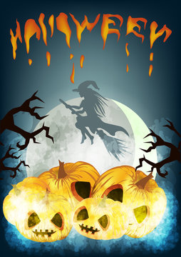 Vector image with flying on a broomstick witch and pumpkins . From a series of illustrations for Halloween