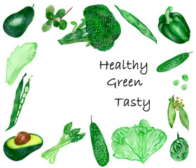 Watercolor frame of green vegetables and healthy seasonings isolated on white background. A set of fresh green products with the inscription for a beautiful menu design, posters, postcards, labels.