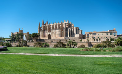 Fototapeta premium Majorca 2019: Panoramic view of Cathedral La Seu of Palma de Mallorca on a sunny summer day. Composition with green grass footpath in the foreground