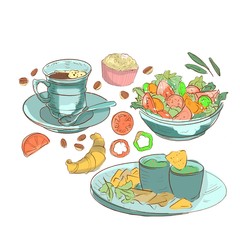 set of food with coffee croissants salads guacamole cupcakes 