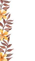Watercolor vertical banner of autumn brown branches and leaves with beige vanilla flowers isolated on white background. Flower pattern for beautiful wedding invitation design, greeting cards.