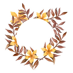 Watercolor round autumn frame of brown branches and leaves with beige vanilla flowers isolated on white background. Flower pattern for beautiful wedding invitation design, greeting cards.