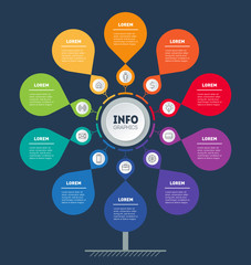 Business presentation or infographics concept with 10 options or points. Template of tree, chart or diagram. Info graphic of technology or education process with ten steps.