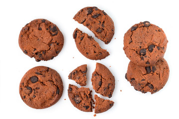 Chocolate chip cookies isolated on white background. Sweet biscuits. Homemade pastry.