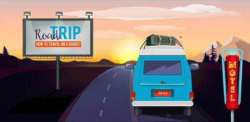 Sierkussen Rondrit. Avontuur op de weg in auto zomervakantie stedelijk landschap vector cartoon background © ONYXprj