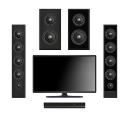 Screen tv. Flat plasma multimedia video system with console and sound speaker digital monitor vector realistic. Illustration of home cinema, screen tv and speaker