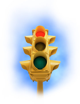 Vintage traffic light with red light on white background