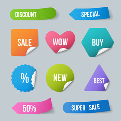 Advertizing stickers. Sale promo labels for new products badges from paper with curled corners and realistic shadows vector template. Illustration of sticker advertizing sale and discount