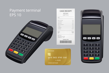 Payment terminal. Credit card termination machine nfc mobile payment receipt for goods vector realistic illustrations. Terminal for paying, pos machine and card - obrazy, fototapety, plakaty