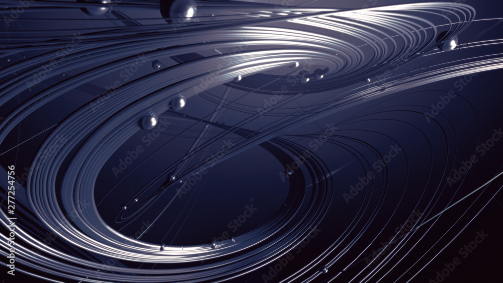 Poster abstract 3d rendering silver jewelry with shiny shapes beads on a dark background