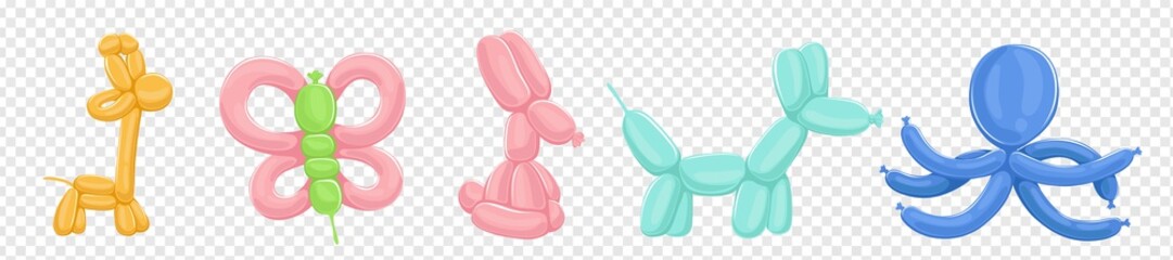 Balloons animals vector isolated on transparent background. Illustration of birthday balloon, animal butterfly and giraffe, multicolored inflatable dog and octopus © ONYXprj