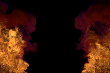 Flame from both the bottom corners - fire 3D illustration of melting explosion, frame with dark smoke isolated on black background