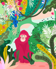 Gorilla flat hand drawn illustration. Bananas, palm leaves, flowers in simple abstract style. Wild African rainforest.