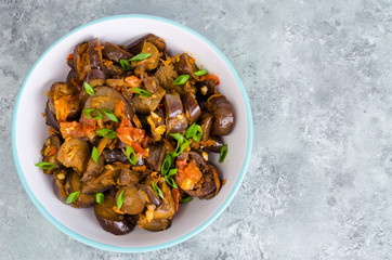 Vegetarian dish, stewed vegetables with eggplants. 