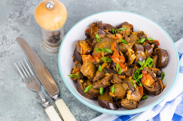 Vegetarian dish, stewed vegetables with eggplants. 