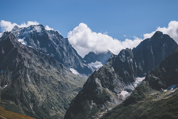 Panorama view of dramatic sky and mountains scene in national park Dombay