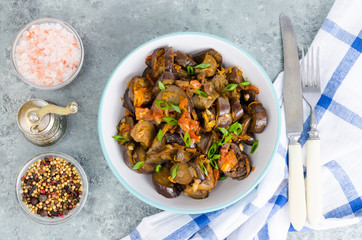 Vegetarian dish, stewed vegetables with eggplants. 