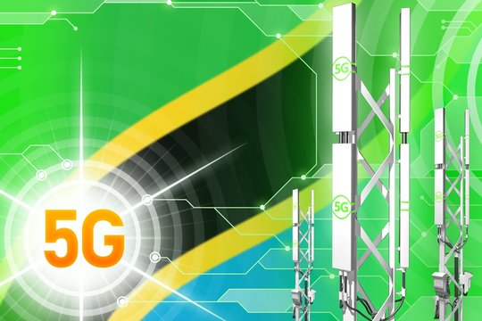 Tanzania 5G industrial illustration, huge cellular network mast or tower on digital background with the flag - 3D Illustration