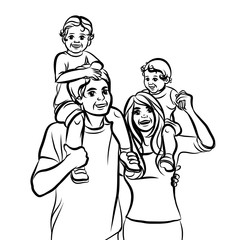 Family. Graphic, hand-drawn sketch depicting happy parents hold children on their shoulders