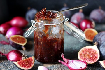 figs and onion confiture or marmalade. unusual jam. French cuisine. suitable for hot cheese, pâté and foie gras. - obrazy, fototapety, plakaty