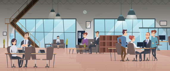 Open office interior. Business people workspace corporate working characters vector modern office. Illustration of office interior workspace, business employee coworking