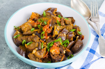 Vegetarian dish, stewed vegetables with eggplants. 